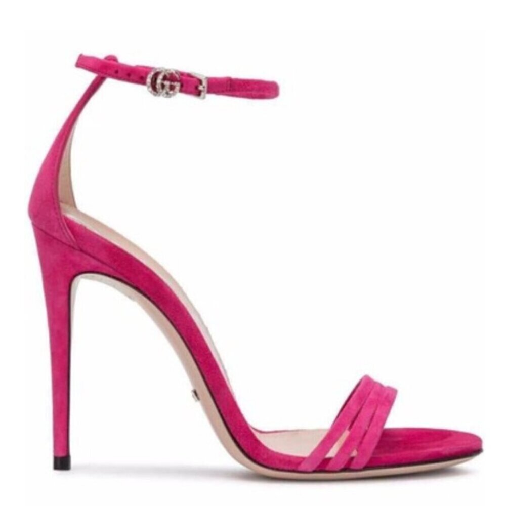 Gucci Suede Leather Crystal Logo Embellishments Sandals Heels Pink Sz 36.5 / 6.5